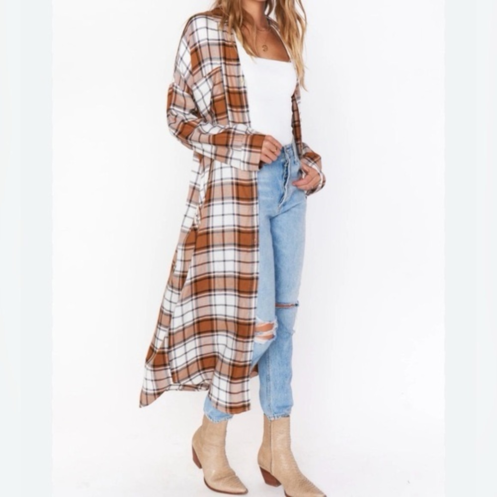 Show Me Your MuMu Leo Button Down Brown and White Plaid tunic Dress XXL